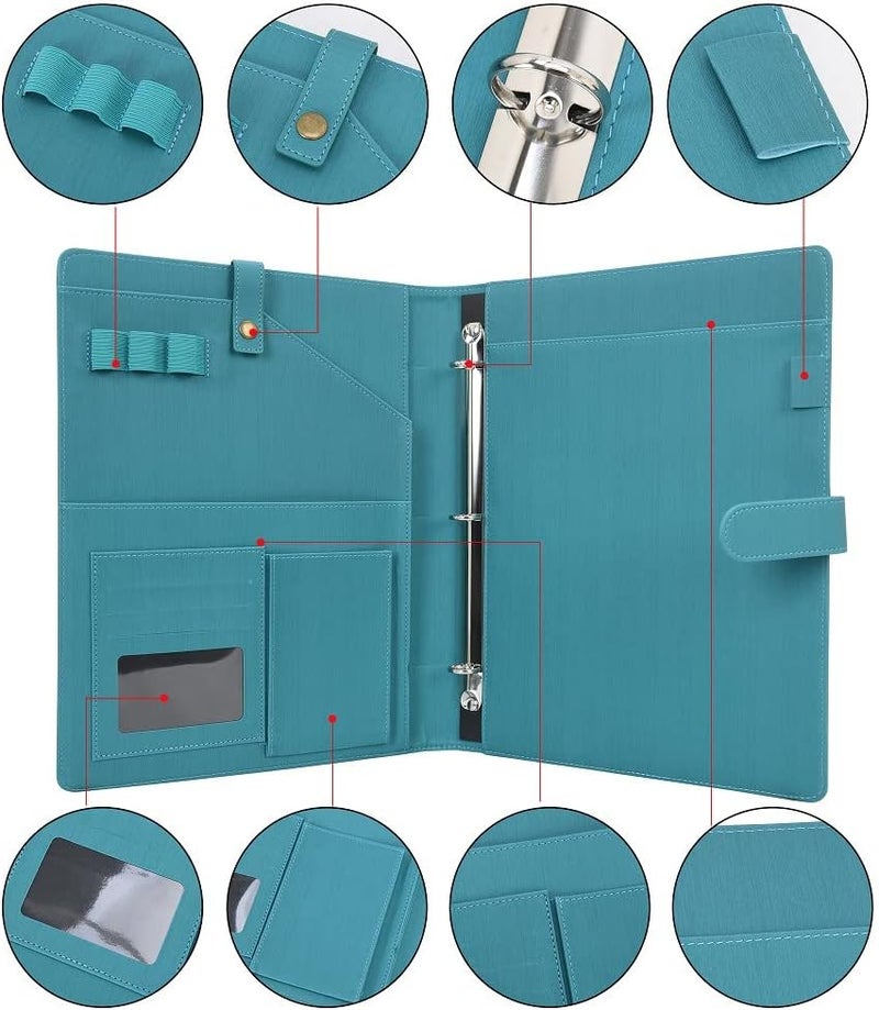 WONDERPOOL A4 PU Leather Portfolio Holder Ring File Document Case with Removable Binder Clipboard, Multi Pocket and Legal Pad for Business Organizer Interview and Meeting (Cyan) - Image 3